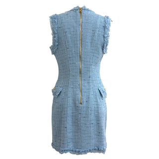 Balmain Light Blue Fringed Tweed Double-Breasted Mini Dress