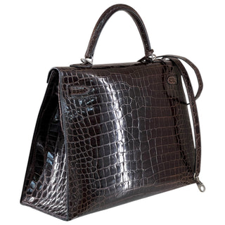Hermès Kelly 35 Sellier Havane Shiny Porosus Crocodile With Palladium Hardware