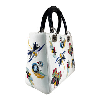 Christian Dior White Smooth Calfskin Embroidered Medium Lady Dior Bag
