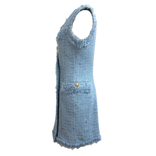 Balmain Light Blue Fringed Tweed Double-Breasted Mini Dress