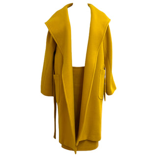 Max Mara Mustard Yellow Hooded Wool Wrap Coat & Skirt Set
