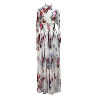 Dolce & Gabbana White Floral Print High Neck Long Sleeve Silk Maxi Dress