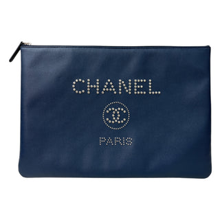 Chanel Navy Blue Deauville Studded Caviar Leather Large Clutch Pouch