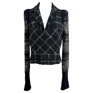 Chanel Black and Grey Check Knit Tweed Jacket