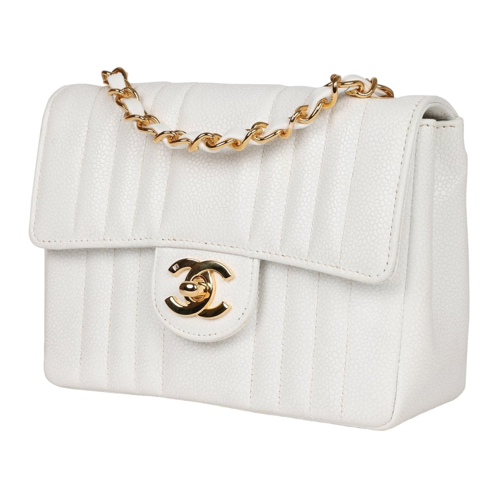 Chanel Vintage Mini Square Flap Vertical Stripe White Caviar with 24K Ghw