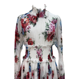 Dolce & Gabbana White Floral Print High Neck Long Sleeve Silk Maxi Dress