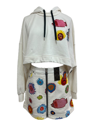 Louis Vuitton Printed Short Hooded Jumper & Denim Skirt Set