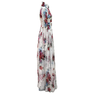 Dolce & Gabbana White Floral Print High Neck Long Sleeve Silk Maxi Dress