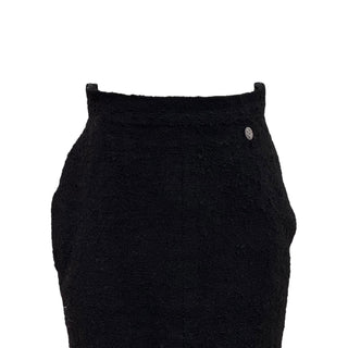 Chanel Black Bouclé Wool Midi Skirt with Printed Silk Back Pleat