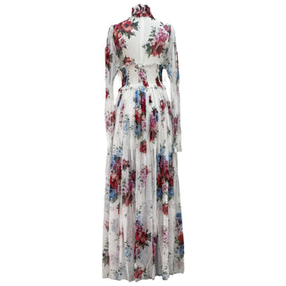 Dolce & Gabbana White Floral Print High Neck Long Sleeve Silk Maxi Dress