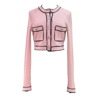 Chanel Pink Cropped Knit Cardigan With Navy Contrast Trim