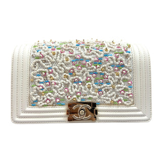 Chanel White Leather and Tweed Beaded Embellished Medium Boy Bag
