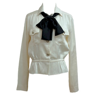 Chanel Ivory Silk Blouse with Black Bow Tie