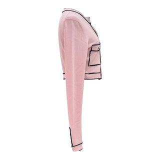 Chanel Pink Cropped Knit Cardigan With Navy Contrast Trim