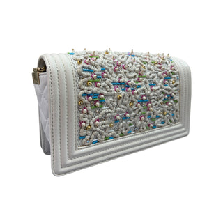 Chanel White Leather and Tweed Beaded Embellished Medium Boy Bag