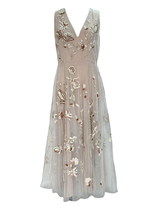 Christian Dior Tulle Soft Nude Floral Embroidered V-Neck Midi Dress