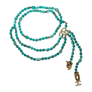 Chanel Turquoise Glass Bead & Crystal CC Logo Multi-Strand Chain Belt With Charms