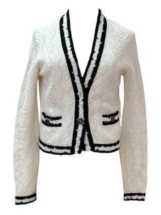 Chanel White Textured Knit Jacket With Black Trim