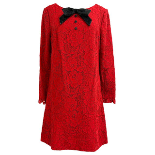 Saint Laurent Red Lace Dress with Black Velvet Bow