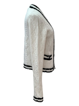 Chanel White Textured Knit Jacket With Black Trim