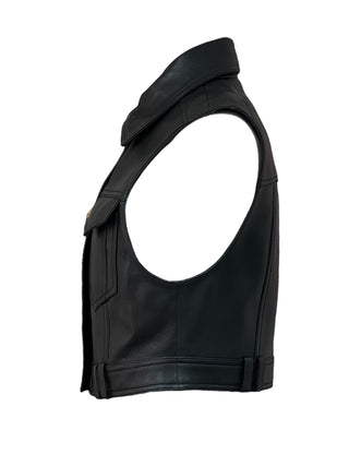 Balmain Black Leather Vest & Skirt Set with Gold Lion Buttons