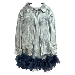 Miu Miu Grey Acid-Wash Denim Jacket and Dress Set with Navy Feather Trim