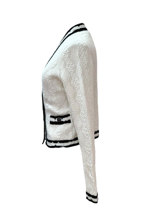 Chanel White Textured Knit Jacket With Black Trim
