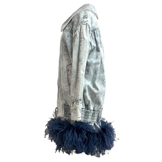 Miu Miu Grey Acid-Wash Denim Jacket and Dress Set with Navy Feather Trim