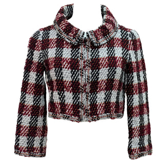 Chanel Red & White Tweed Checkered Cropped Jacket