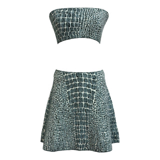 Alaïa Grey Crocodile Jacquard Knit Bandeau & Skirt Set