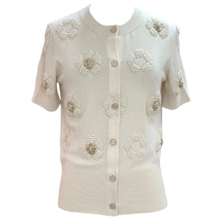 Chanel Ivory Short Sleeve Cashmere Cardigan with Gold Lion Head and Camellia Embroidery