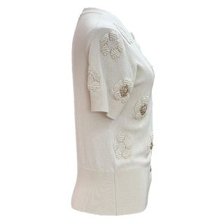 Chanel Ivory Short Sleeve Cashmere Cardigan with Gold Lion Head and Camellia Embroidery