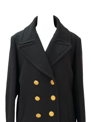 Chanel Black Wool Double-Breasted Coat With Gold Medallion Buttons