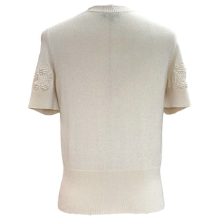 Chanel Ivory Short Sleeve Cashmere Cardigan with Gold Lion Head and Camellia Embroidery