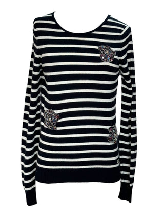 Chanel Black & White Striped Camellia Embellished Knit Jumper