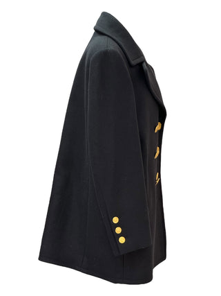 Chanel Black Wool Double-Breasted Coat With Gold Medallion Buttons