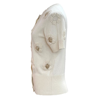 Chanel Ivory Short Sleeve Cashmere Cardigan with Gold Lion Head and Camellia Embroidery