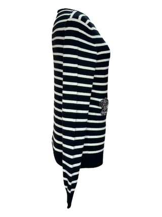 Chanel Black & White Striped Camellia Embellished Knit Jumper
