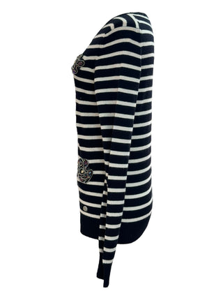 Chanel Black & White Striped Camellia Embellished Knit Jumper