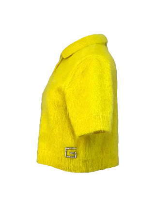 Gucci Neon Yellow Brushed Mohair Cropped Polo Sweater Top