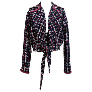 Chanel Navy Red & White Checked Tweed Tie-Front Jacket