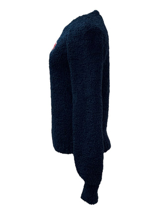 Chanel Navy Bouclé Fleece Knit Pullover with Red Intarsia CC Logo