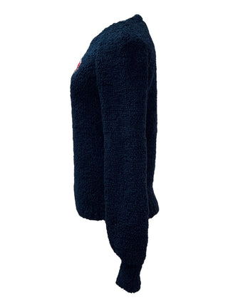 Chanel Navy Bouclé Fleece Knit Pullover with Red Intarsia CC Logo