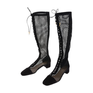 Christian Dior Black Mesh Knee-High Lace-Up Boots