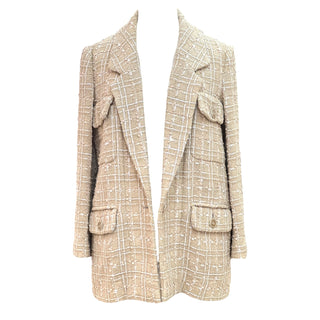 Chanel Beige & White Checked Tweed Longline Jacket