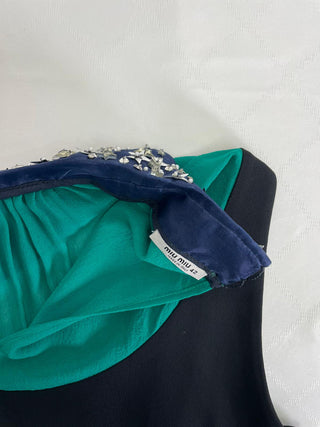 Miu Miu Navy Sleeveless Midi Dress With Teal Embellished Collar