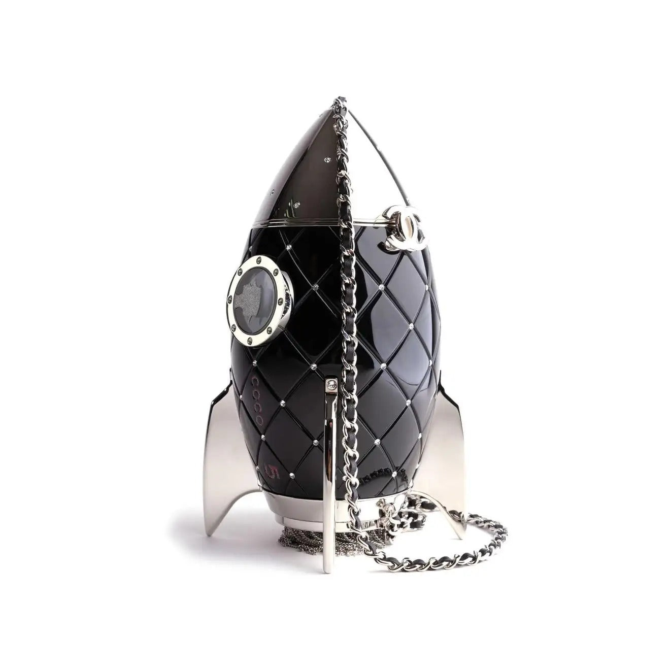 Chanel Runway Rare Black Resin Leather Silver Rocket Evening
